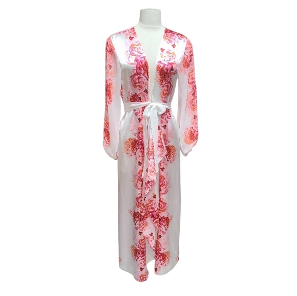 Oscar de la Renta Pink Label Vintage Chiffon Floral Print Long Bathrobe Sz S - Picture 4 of 13